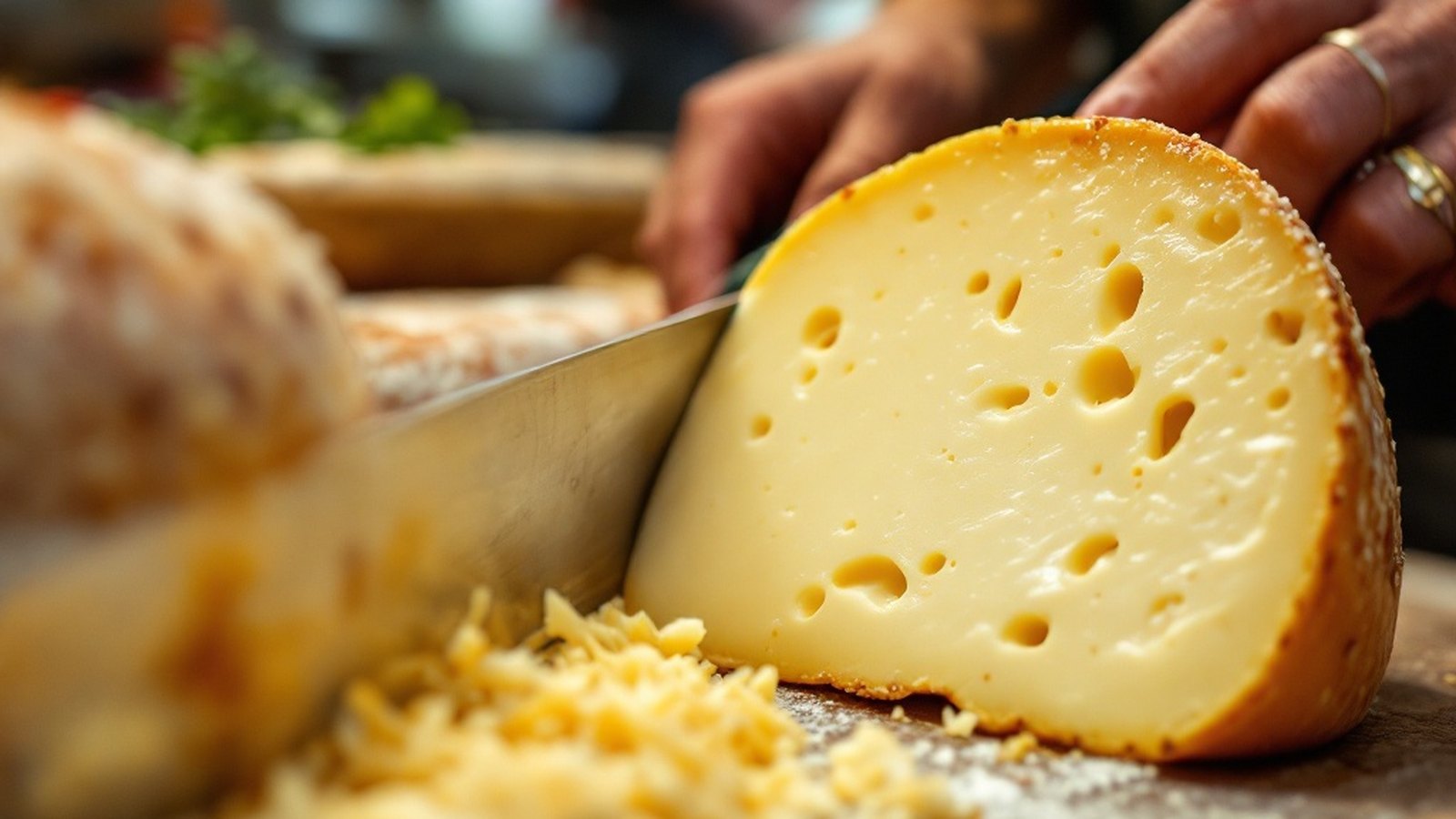 Close-up of a wedge of aged provolone piccante being cut at a deli counter