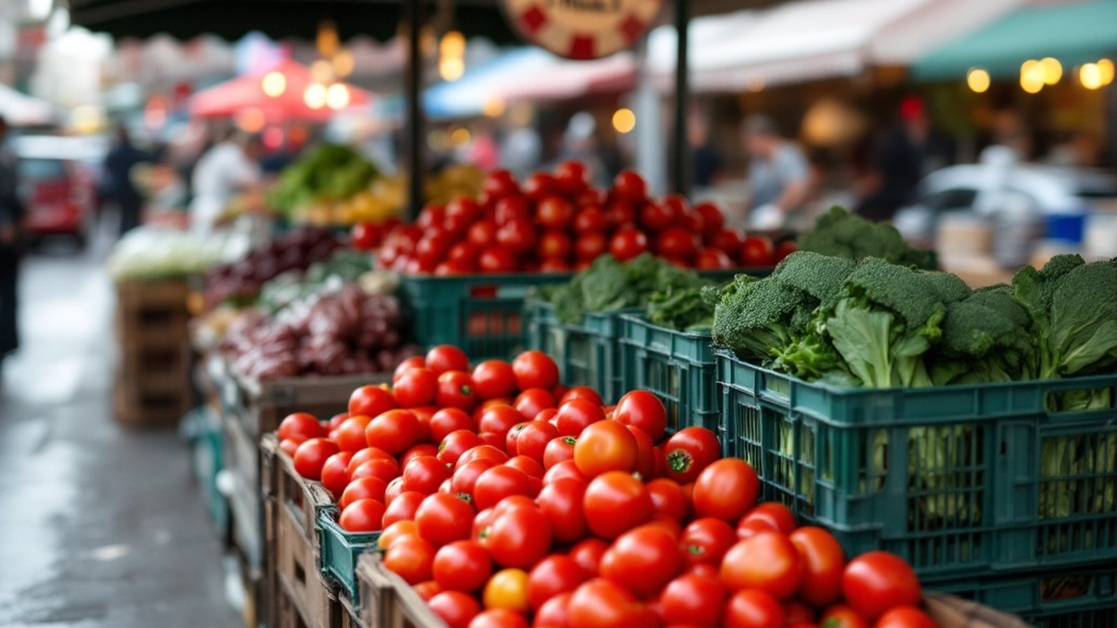 Crates of Roma tomatoes and broccoli rabe stacked at a curb vendor stall