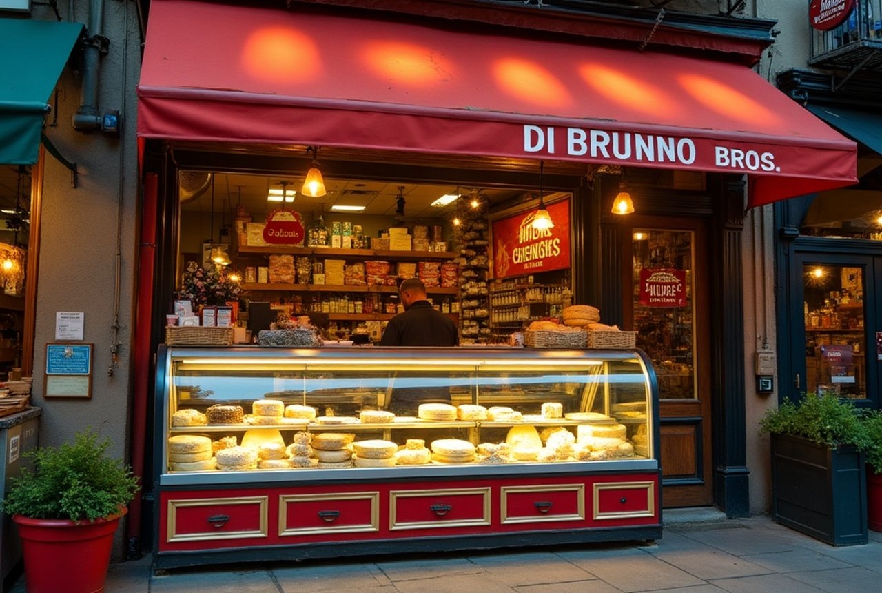 Di Bruno Bros. storefront or cheese counter with wheels of Parmigiano