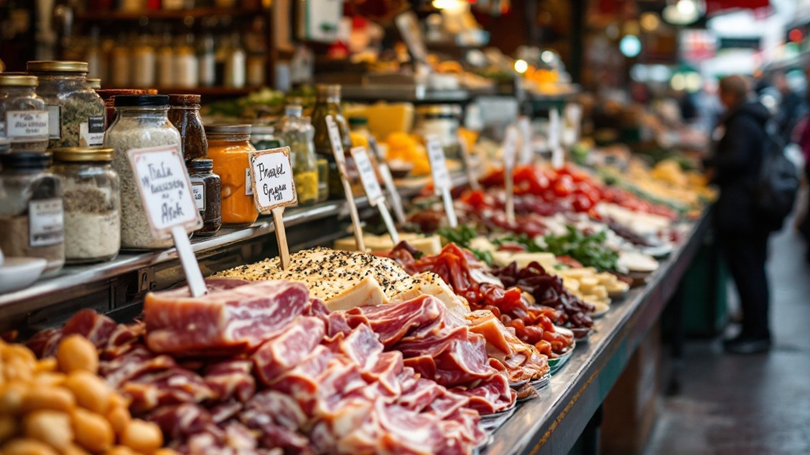 Rows of Italian specialty products — cured meats, aged cheeses, and imported spices — on market shelves in South Philadelphia