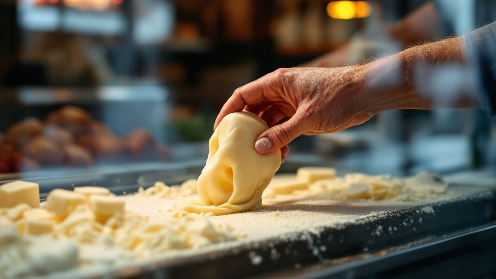 Close-up of hands pulling mozzarella in the shop window