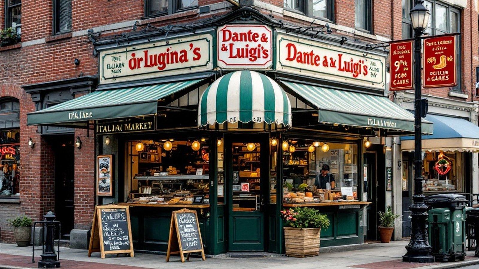 Exterior corner shot of Dante & Luigi's at 10th and Catherine, showing the traditional signage