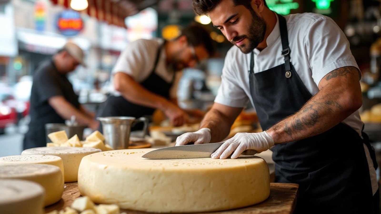 Counter staff cutting Parmigiano-Reggiano from a full wheel