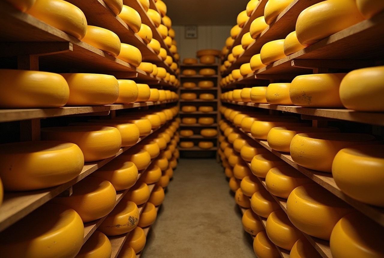 Aging cave interior with wheels of cheese on wooden shelves