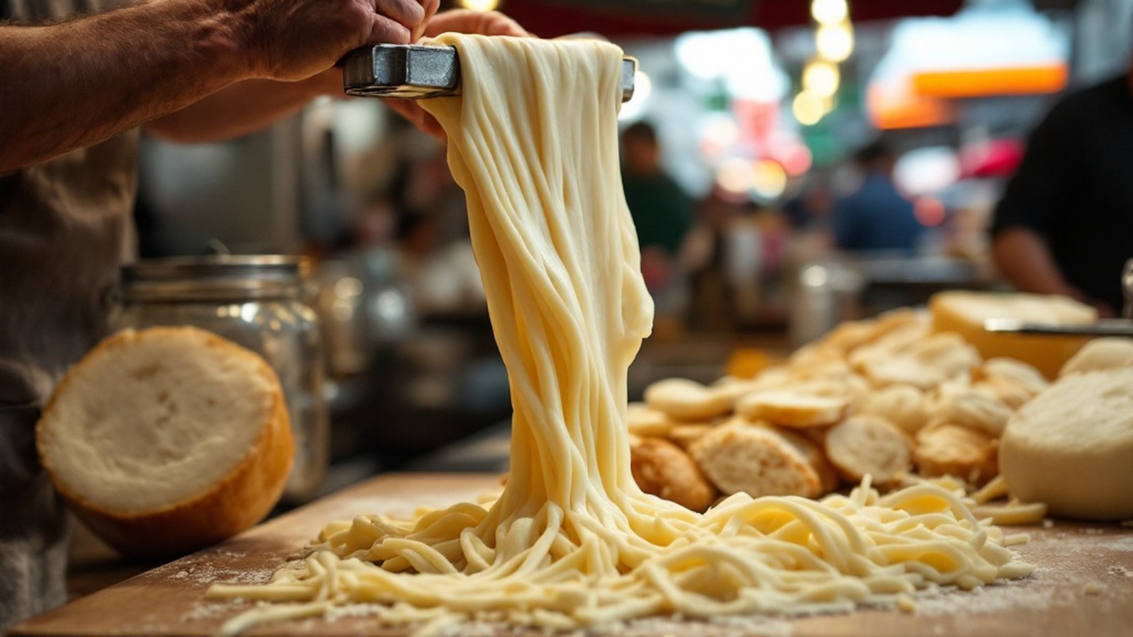 Counter shot of hand-pulled mozzarella mid-stretch