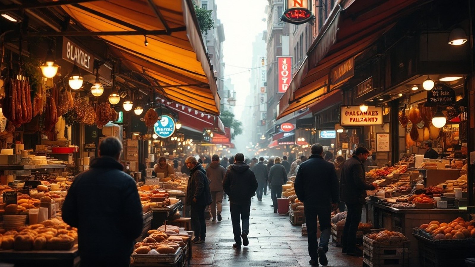 Wide shot of 9th Street stalls on a busy morning