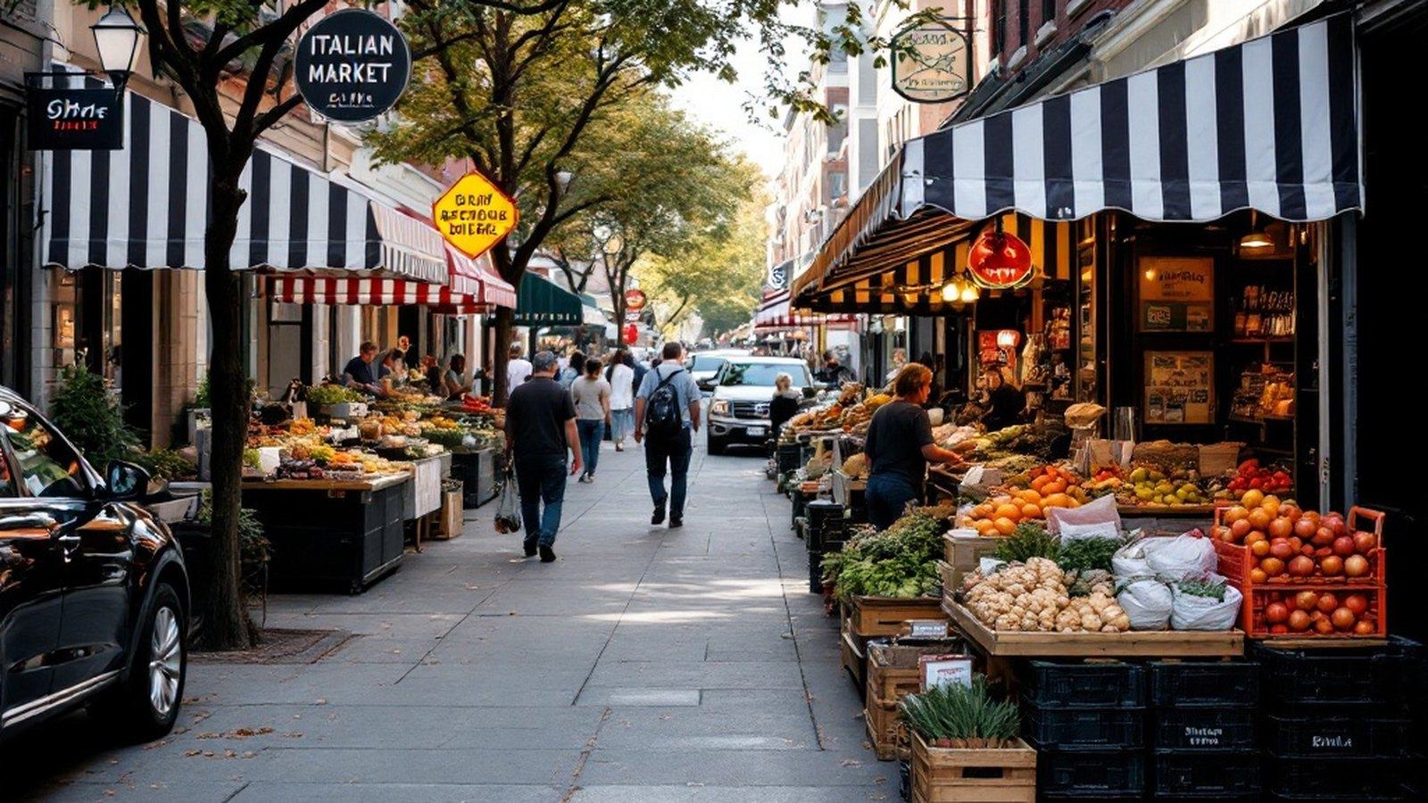 Striped awnings and curb stands along 9th Street at morning setup, produce crates stacked on the sidewalk