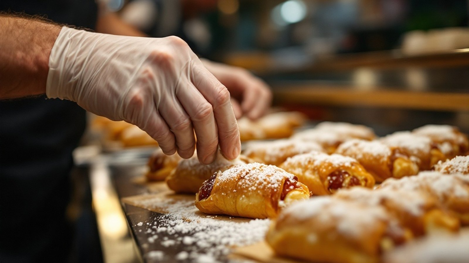 Close-up of cannoli being filled at the counter