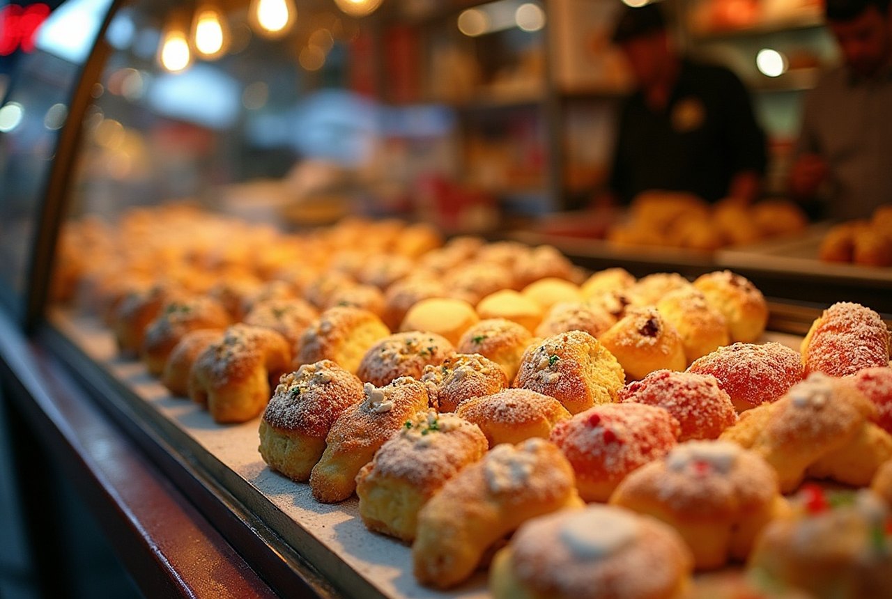 Holiday pastry case packed with sfogliatelle, struffoli, rainbow cookies