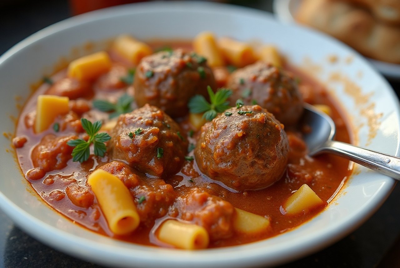A bowl of Sunday gravy with meatballs and rigatoni, close-up
