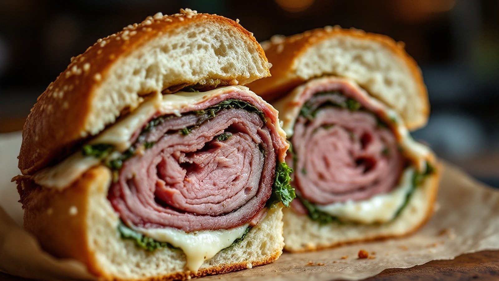 Close-up of a roast pork sandwich cross-section showing pork, rabe, and provolone