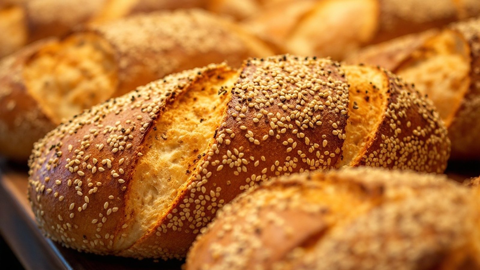 Close shot of sesame-seeded Sarcone's loaves fresh from the oven