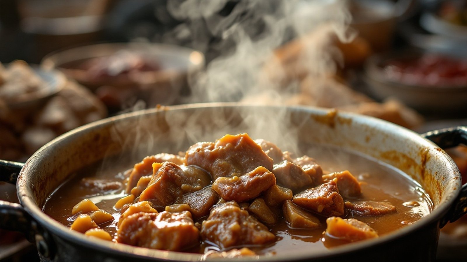A pot of Sunday gravy with meat visible, steam rising