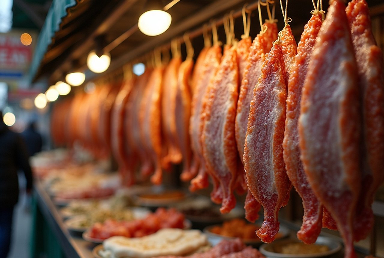 Whole baccalà hanging at a 9th Street market stall in winter