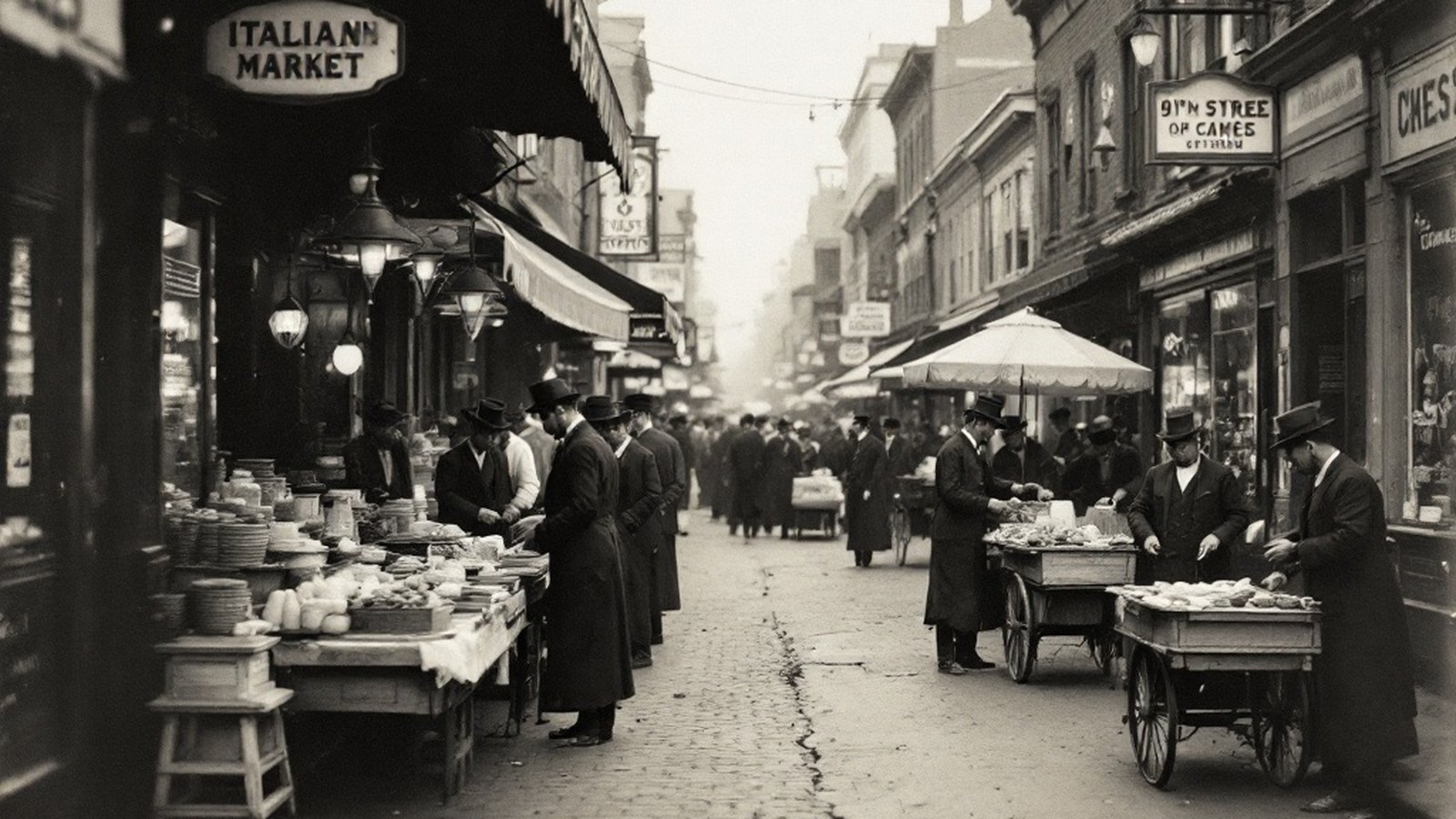 Archival photo of pushcart vendors on 9th Street, early 1900s