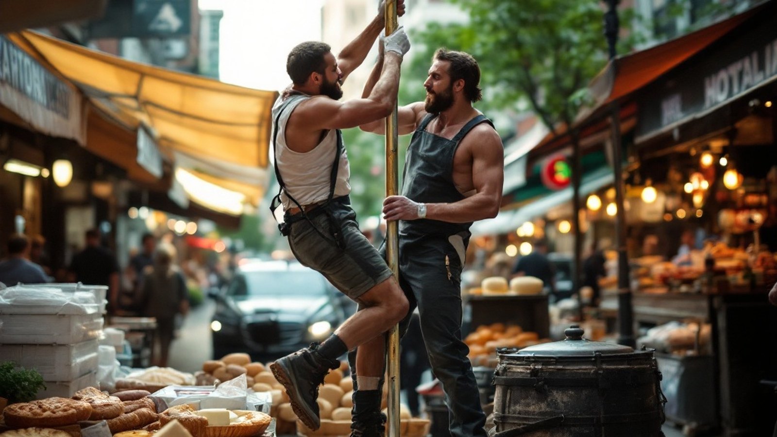 Competitors climbing or attempting the greased pole