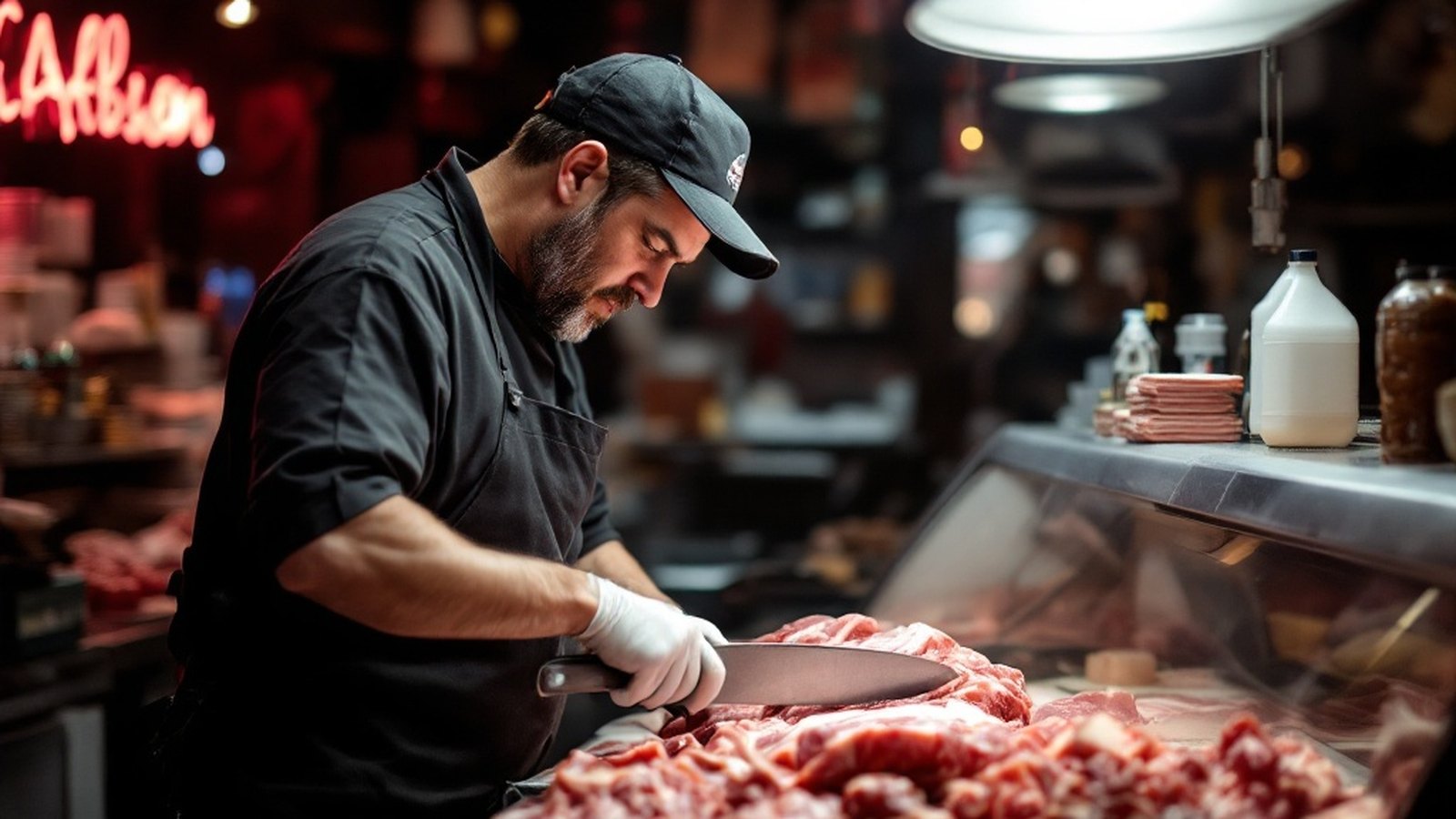 Butcher behind the counter mid-cut, meat case visible