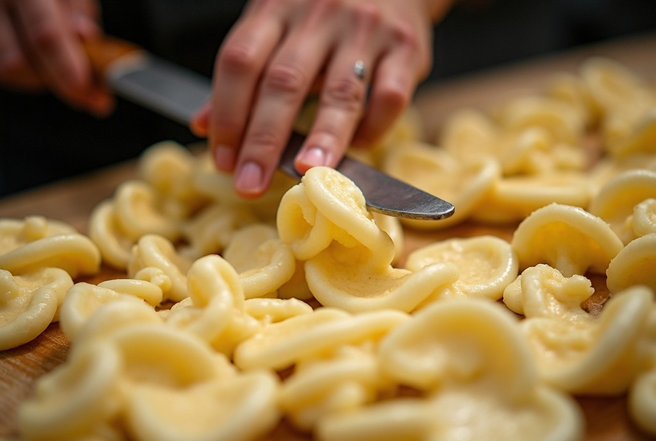 Close-up of hand-pulled fresh mozzarella being formed at a cheese stall