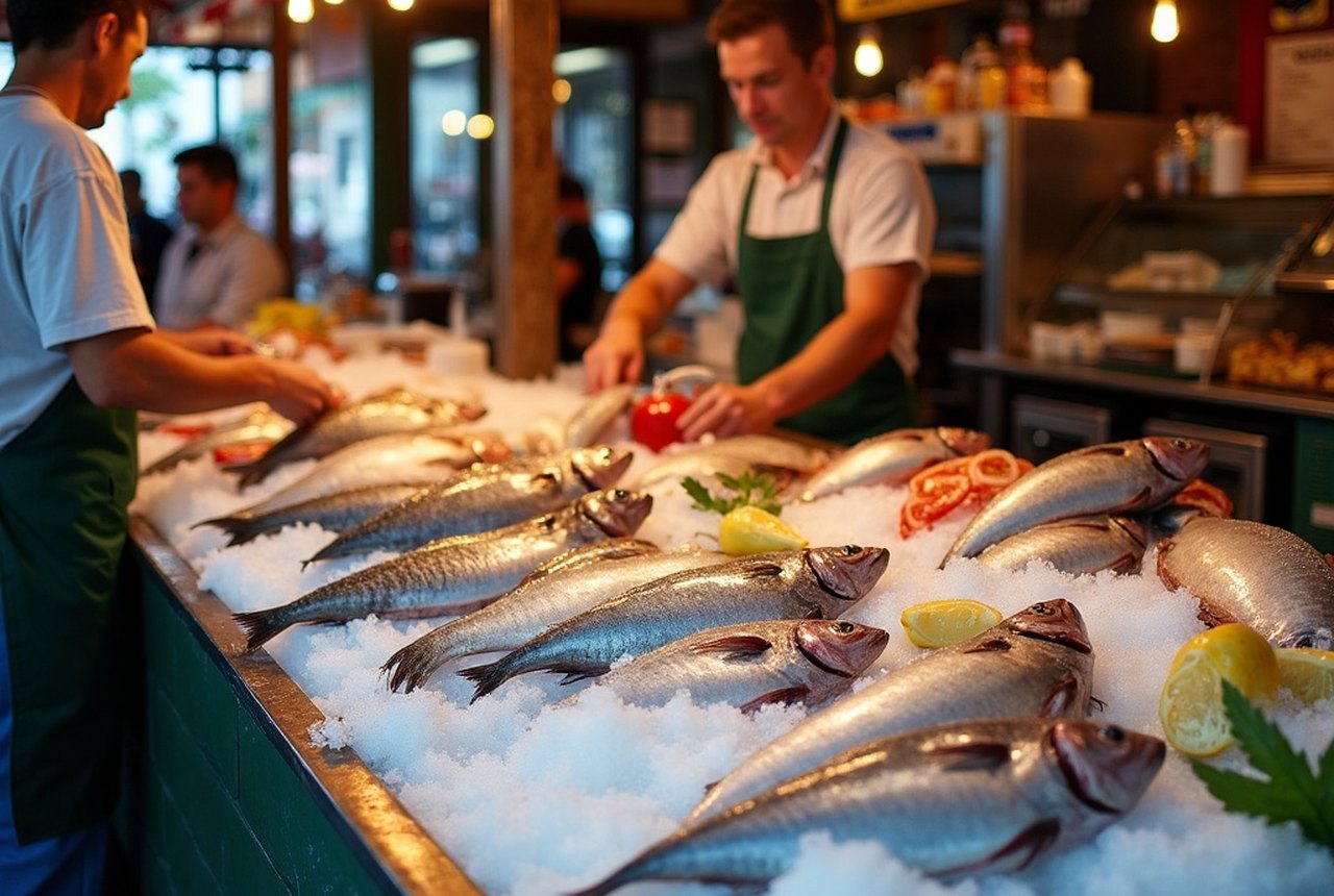 Open ice bed showing whole fish and shellfish, vendor in apron