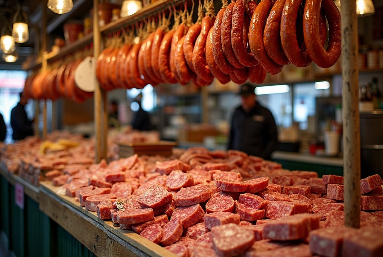 Butcher counter with hanging sausage and charcuterie selection
