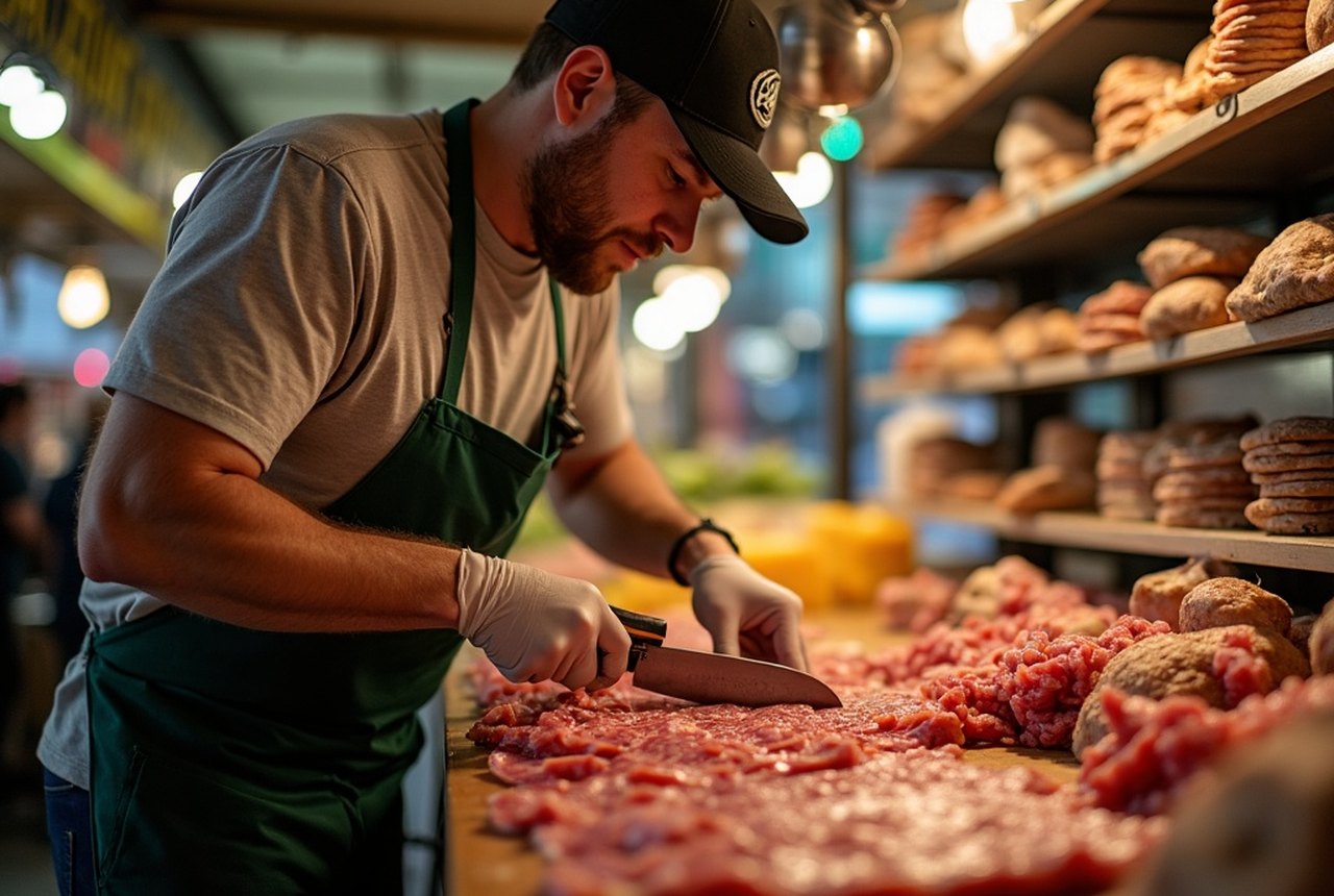 Counter worker slicing prosciutto on a hand slicer